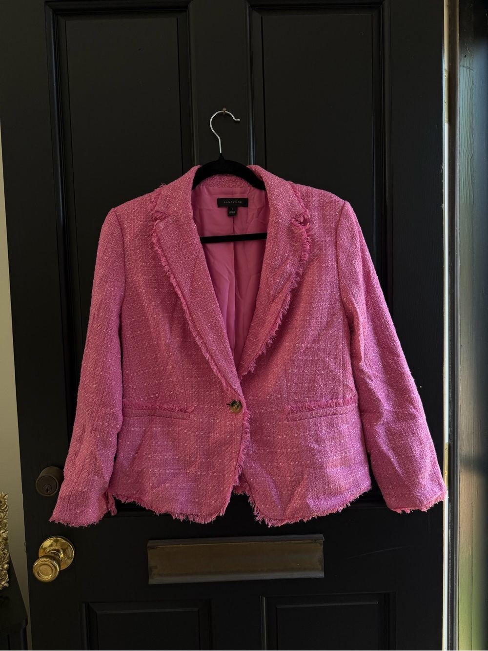 Ann Taylor Pink Tweed Frayed-Edge Single-Button Blazer